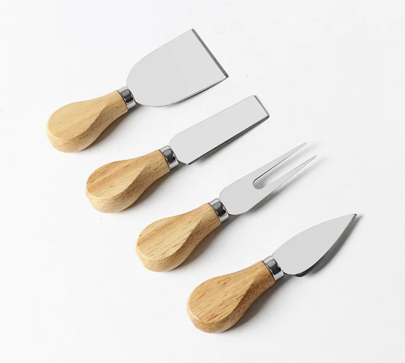 Amazon hot selling Stainless Steel 4 Pieces Set Cheese Knives with natural Wood Handle Cheese Cutter tools