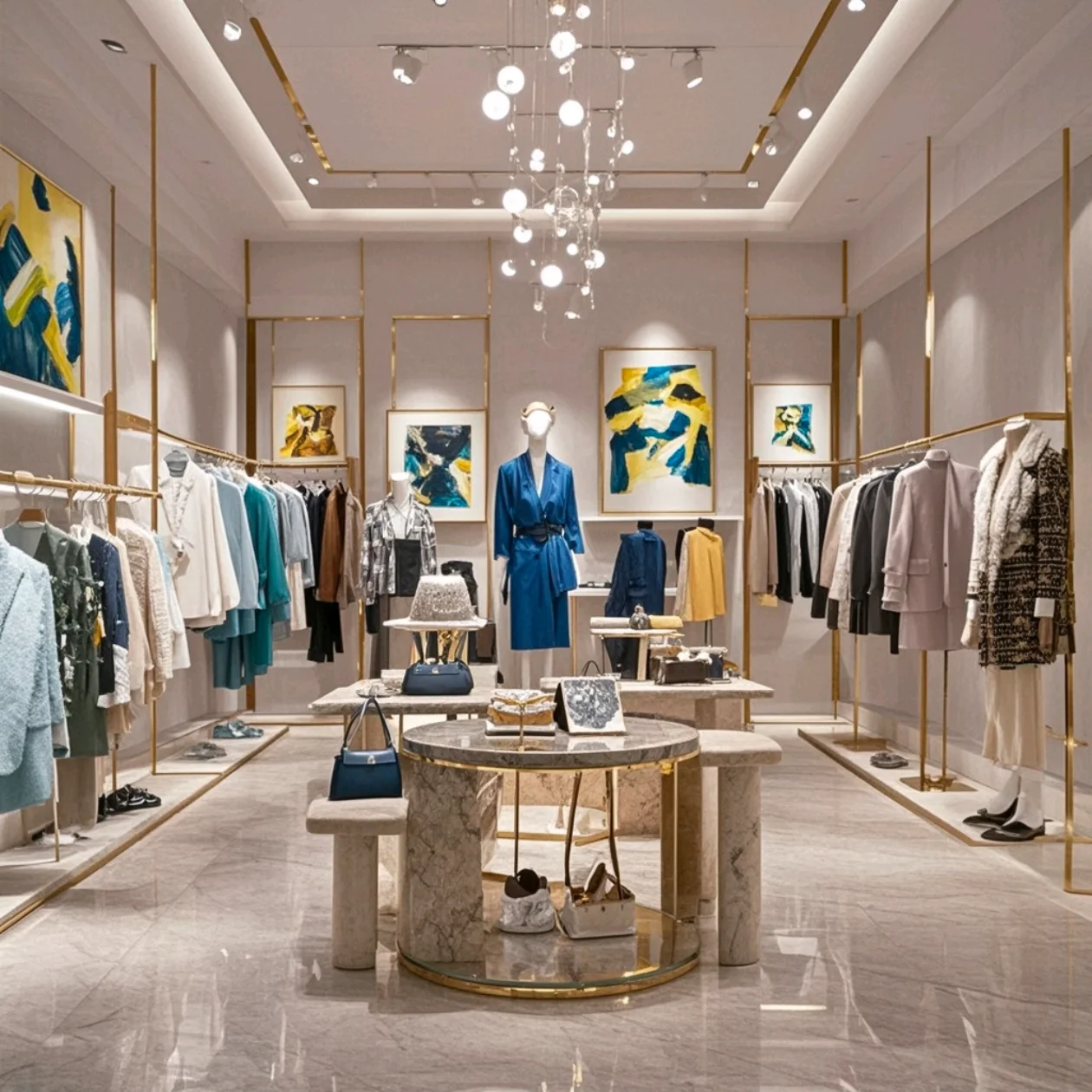 Luxury clothing store fixtures mall metal gold wall floor stand custom clothes display rack shop design