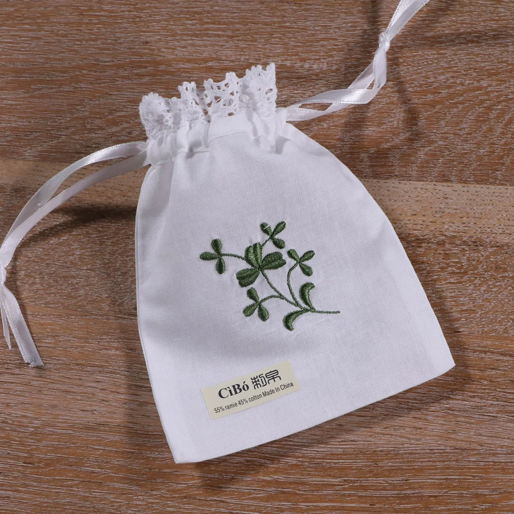 B016 White Ramie  CottonCotton Lace pocket mouth  Gift Sachet bags Travel storage  pouch Drawstring bags