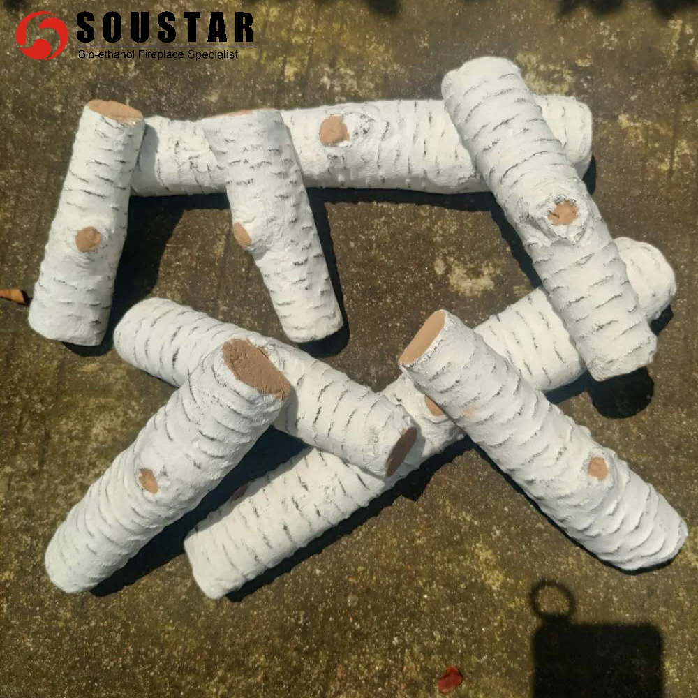 Ceramic Wood Fireplace Accessories Birch Logs Designed to Look like Cobbles & Pebbles