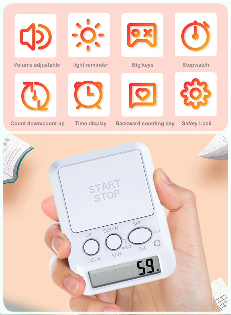 Multi-function Digital Kitchen Timer Count up & down alarm ring big logo area LCD digital Timer with backing light