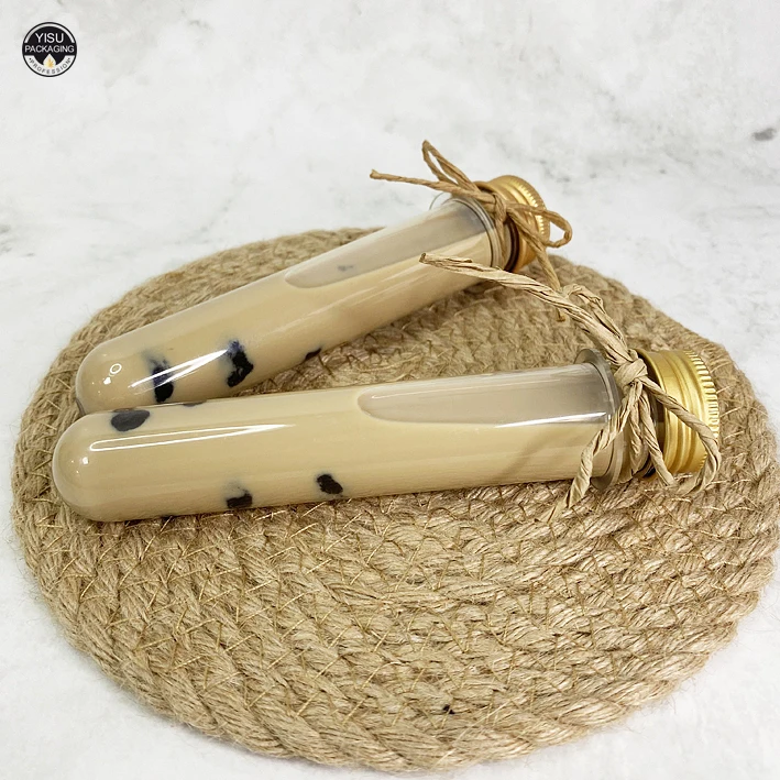 Straight Round Boba Tea Bottle Milk Tea Tall Tube Shape Juice Bottle Custom lOGO with Aluminum Cap PET Bubble Bottle