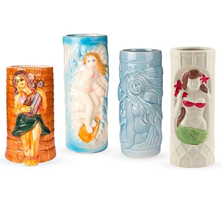Custom Cocktail shot tiki Glasses Set of 4 Tumblers Ceramic Hawaiian Luau Party Mugs Drinkware Cute Exotic Cocktail Tiki Barware