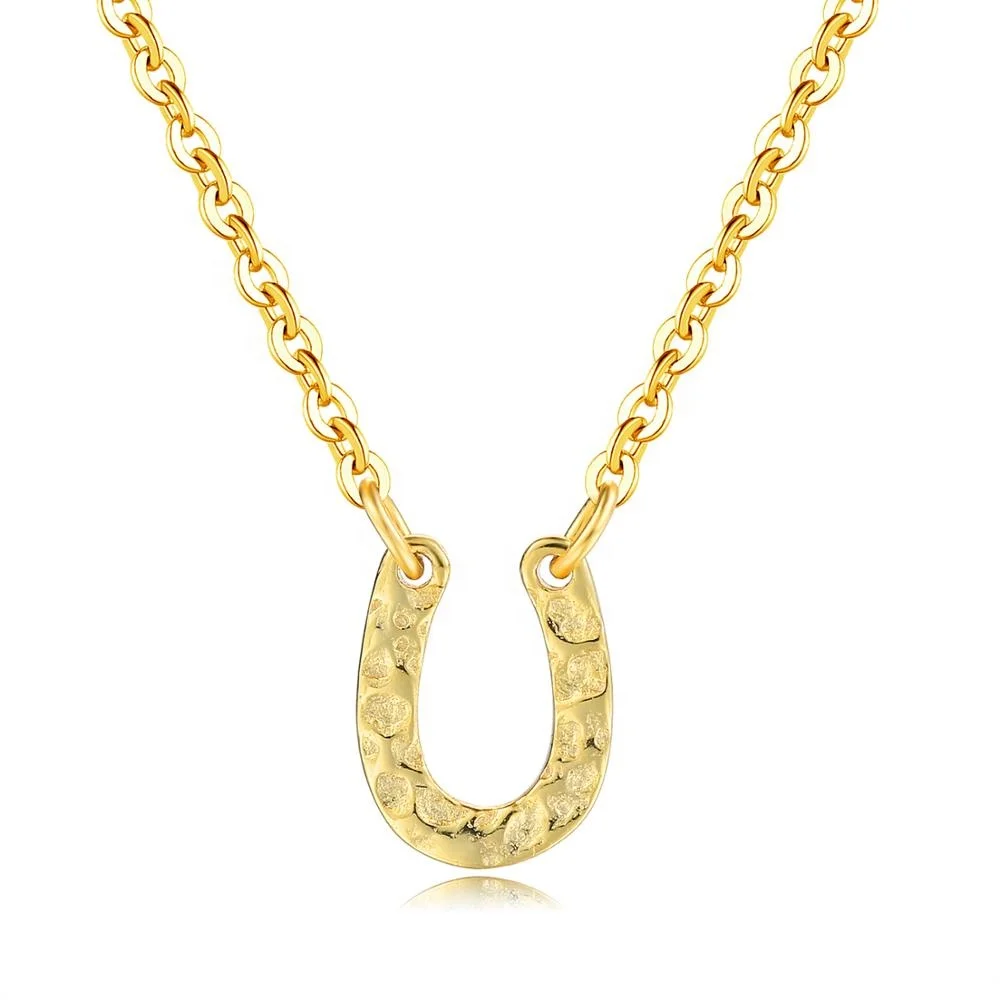 INS Style S925 Sterling Silver Jewelry Hammered Letter U Shape Horseshoe Pendant Necklace EMNL044