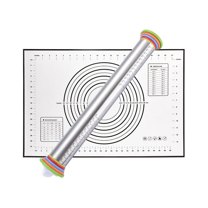 Adjustable Rolling Pin with Thickness Rings and silicone pastry baking mat set
