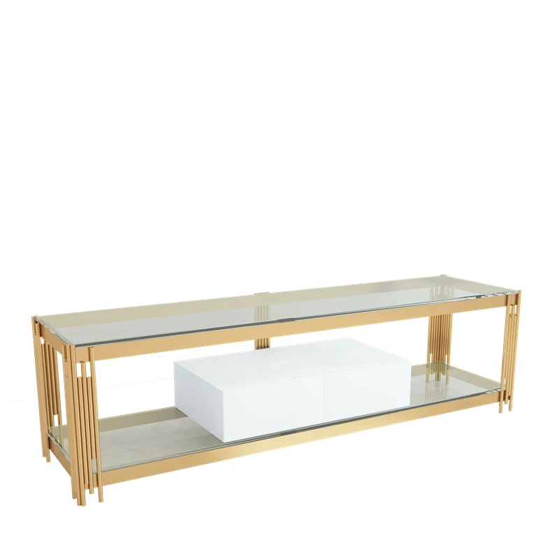 2024 New Design TV STAND with Clear Glass and High Glossy Drawer and Golden Stainless Steel Frame