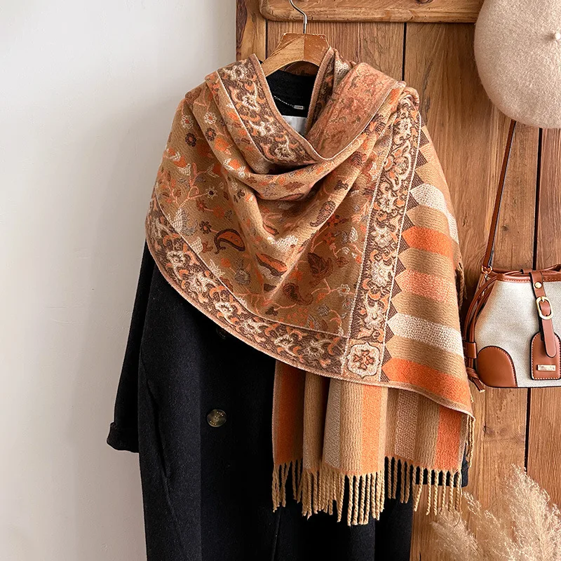 Winter Jacquard Paisley Ethnic Styles Vintage Cashmere Pashmina Long Double Sided Shawl Wrap Tassels Scarf