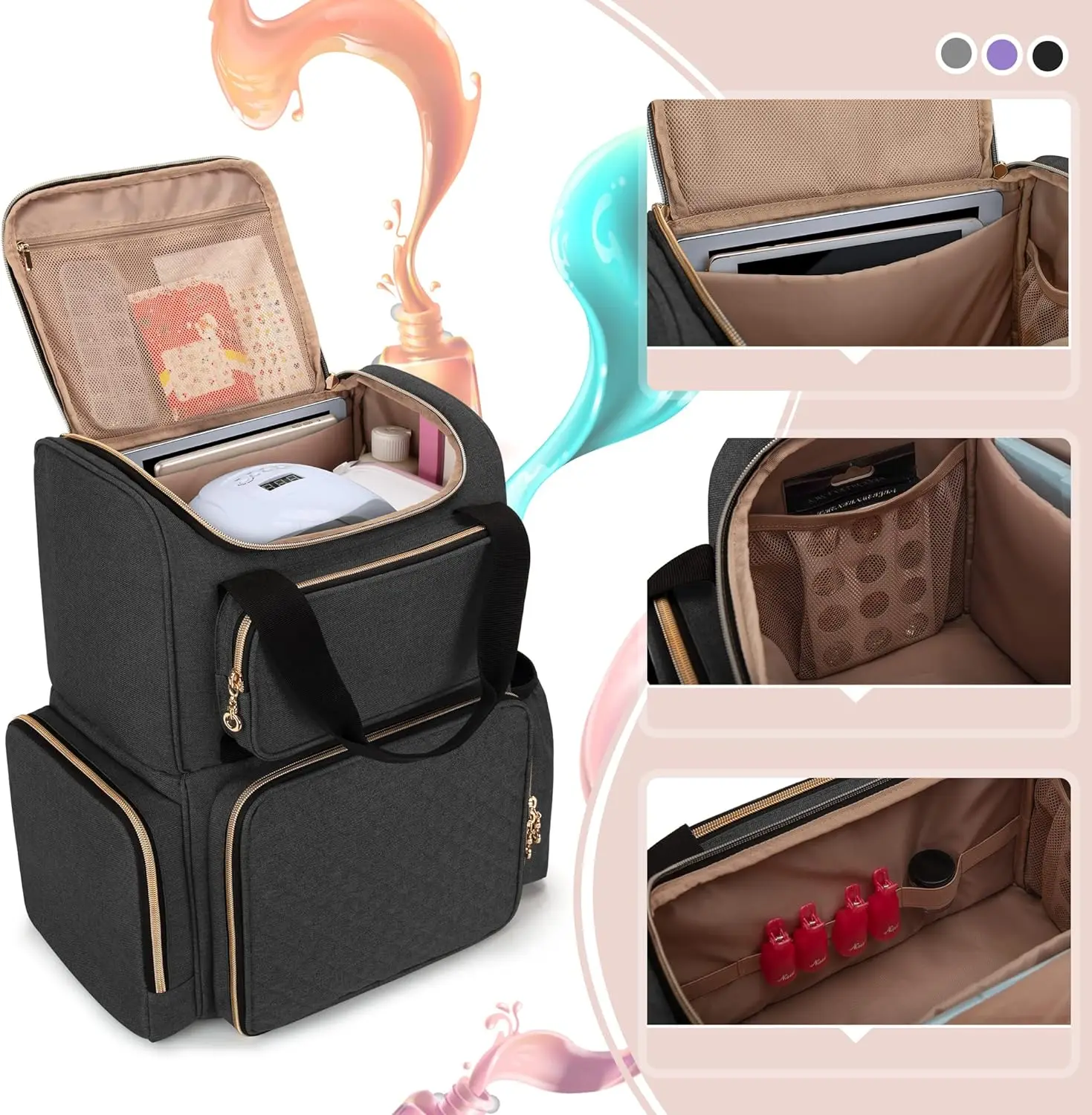 2023 New Arrival Travel Nail Polish Bag with 2 Removable Cases and Tools Storage Pockets Nail Polish Organizer (Backpack Version