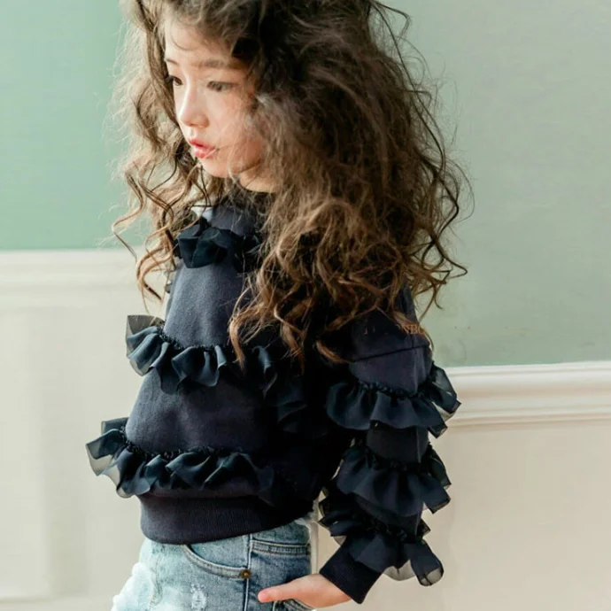 
KS0570 Fashion korean style girls black and white color sweatshirt tulle selvedge stitching t shirts 