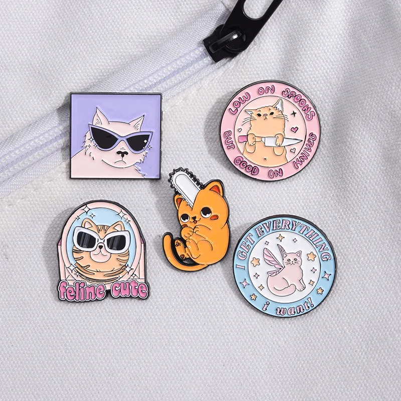 New cartoon can love sunglasses cat circular letter chainsaw cat shape design cute jewelry brooch