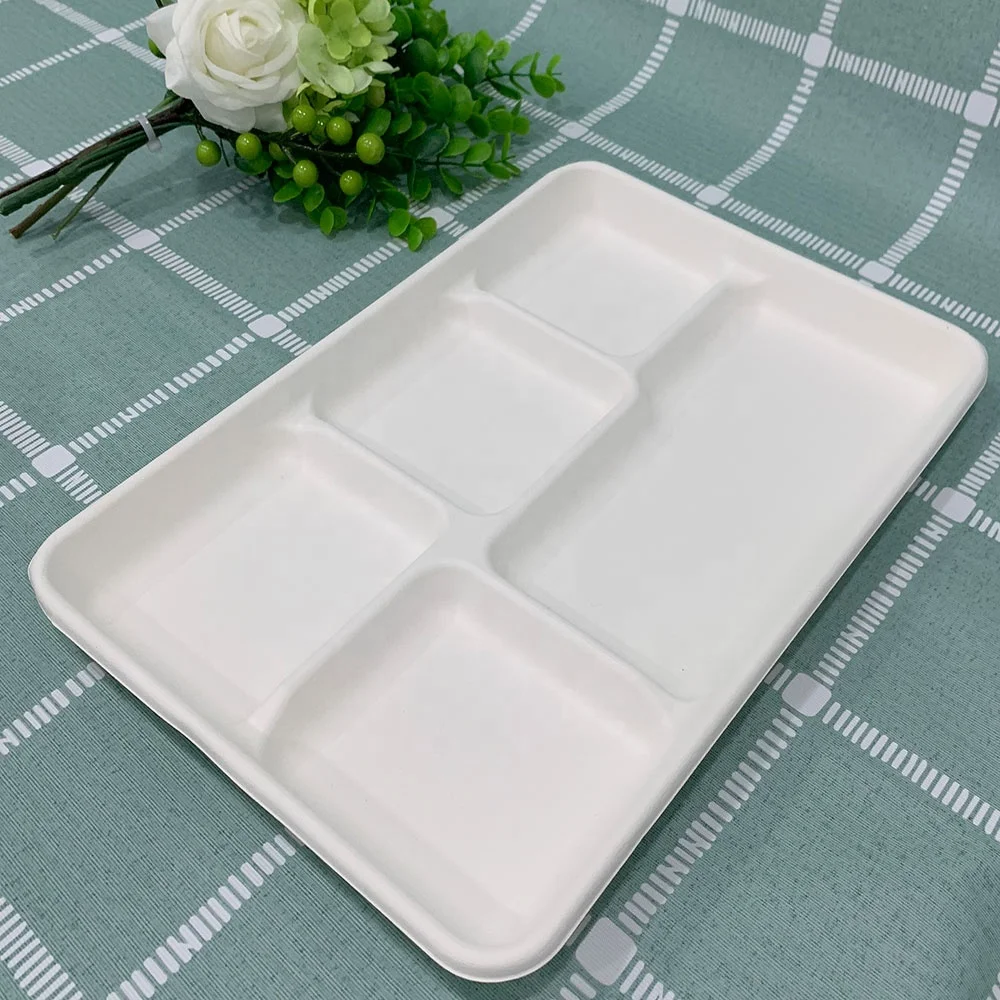 Biodegradable dinnerware sets compostable Disposable Sugarcane Bagasse 5 compartment food tray for lunch