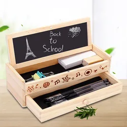 Multi-Functional Back To School Bamboo Pencil Box Double Layer Kids Wooden Pen Box