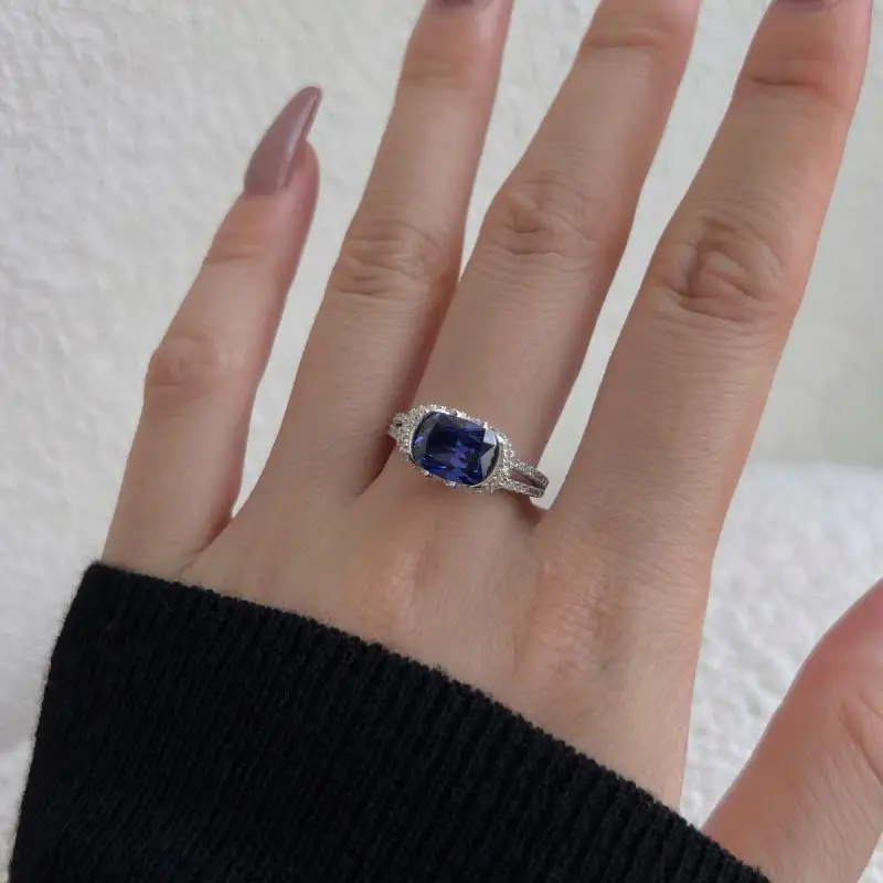 Dylam Custom Luxury Jewelry Iced Out Square Shape Diamond Sapphire Ring 925 Sterling Silver Engagement Wedding Ring For Women