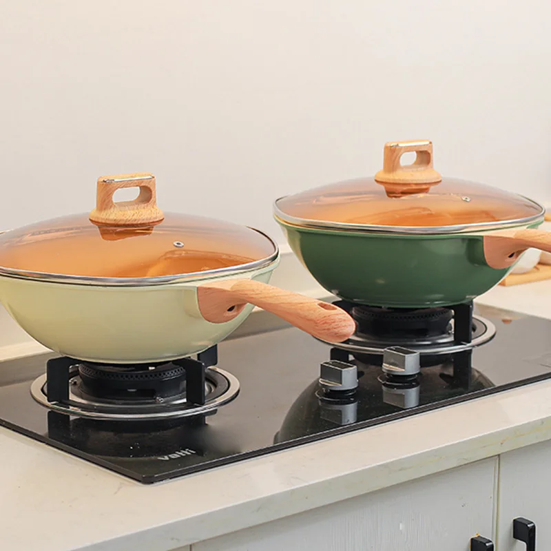 Factory Customized High Quality Aluminum Alloy Cookware Maifan Stone Non-Stick Wok Pan Wooden Handle Hand Hammered Wok Wok