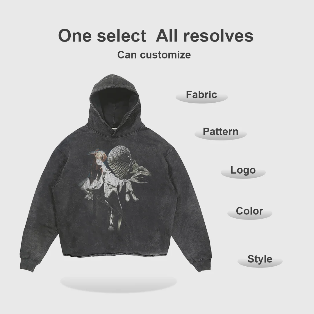 Clothing Manufacturers Custom Vintage Distressed Acid Washed Hoodie Oversize Graphic Cropped Raw Hem Hoodies Men Cut Edge Hoodie