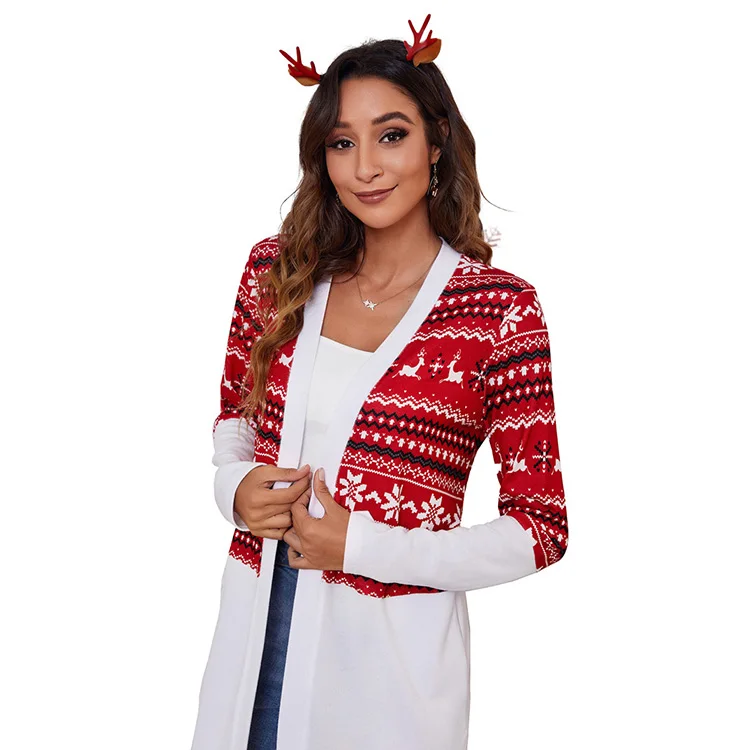 Holiday leisure new Christmas print  top loose color matching cardigan coat