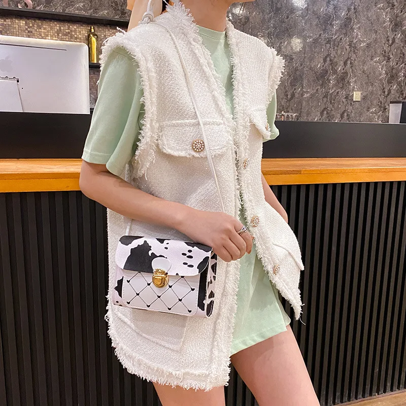 Wholesale 2021 Trendy Fashion Mobile Phone Small Square Bag Color Contrast PU Lattice Messenger Single Shoulder Handbag