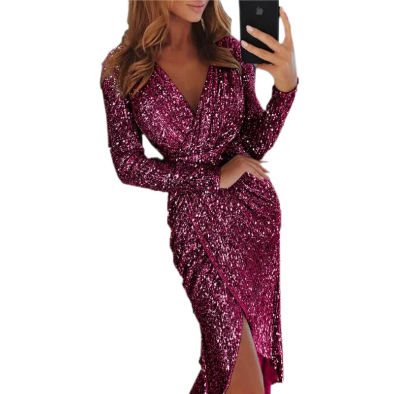 
Ladies Hot Stamping Long Sleeve V-neck Glittering Glitter Dress Dress Sexy Dinner Party Dress 