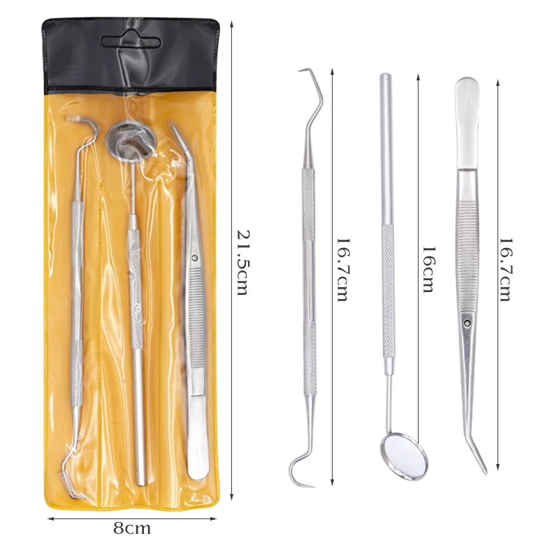 Dental Instruments Kit 3 Pcs Stainless Steel Dental Probes/ Dental Mirror Handle/ Dental Tweezers With Packing Case