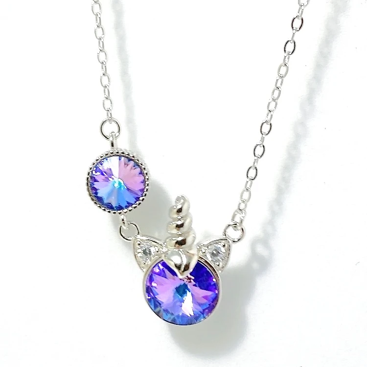 high quality S925 Sterling Silver 18k Gold Plated Blue Crystal Unicorn Pendant Necklace Jewelry for Girls