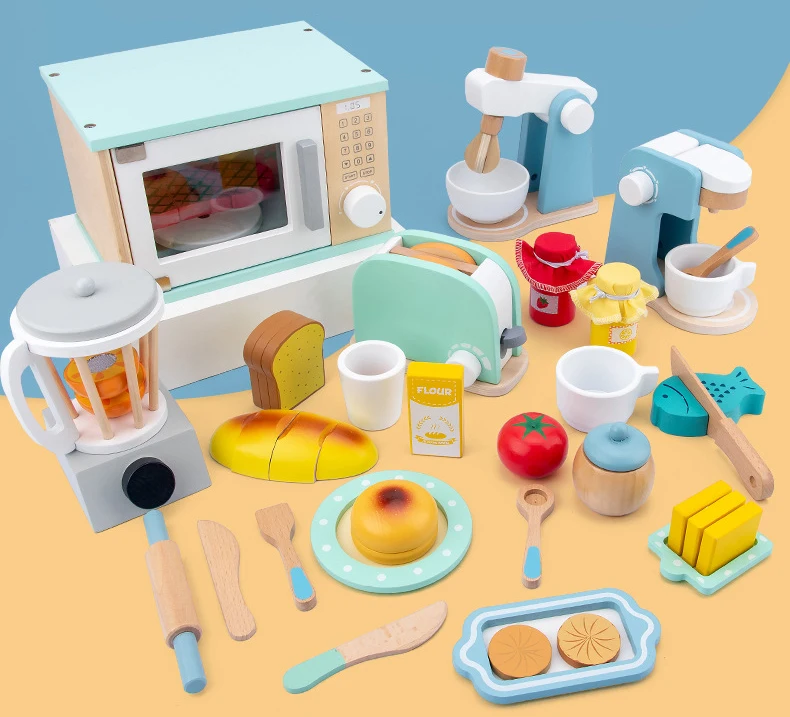 wholesale  kids bread maker coffee machine wooden kitchen toy set wooden toaster toy for kids