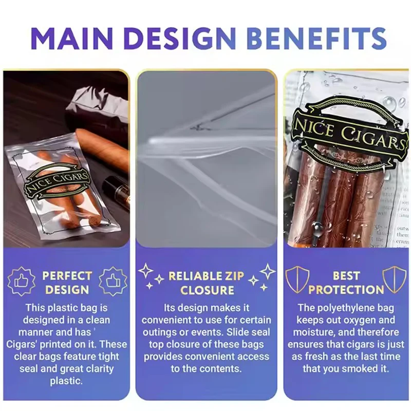 Custom Tobacco packaging Humidifier Plastic Pouches humidified cigar humidor bags for 4-5 Cigars with Hygrometer & Divider