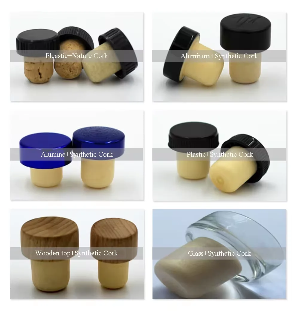 Electroplating T Shape Bar Top Cork With Plastic Wood Metal Zinc Alloy Cap Zamak For Wine Spirits Whisky Gin Bottle