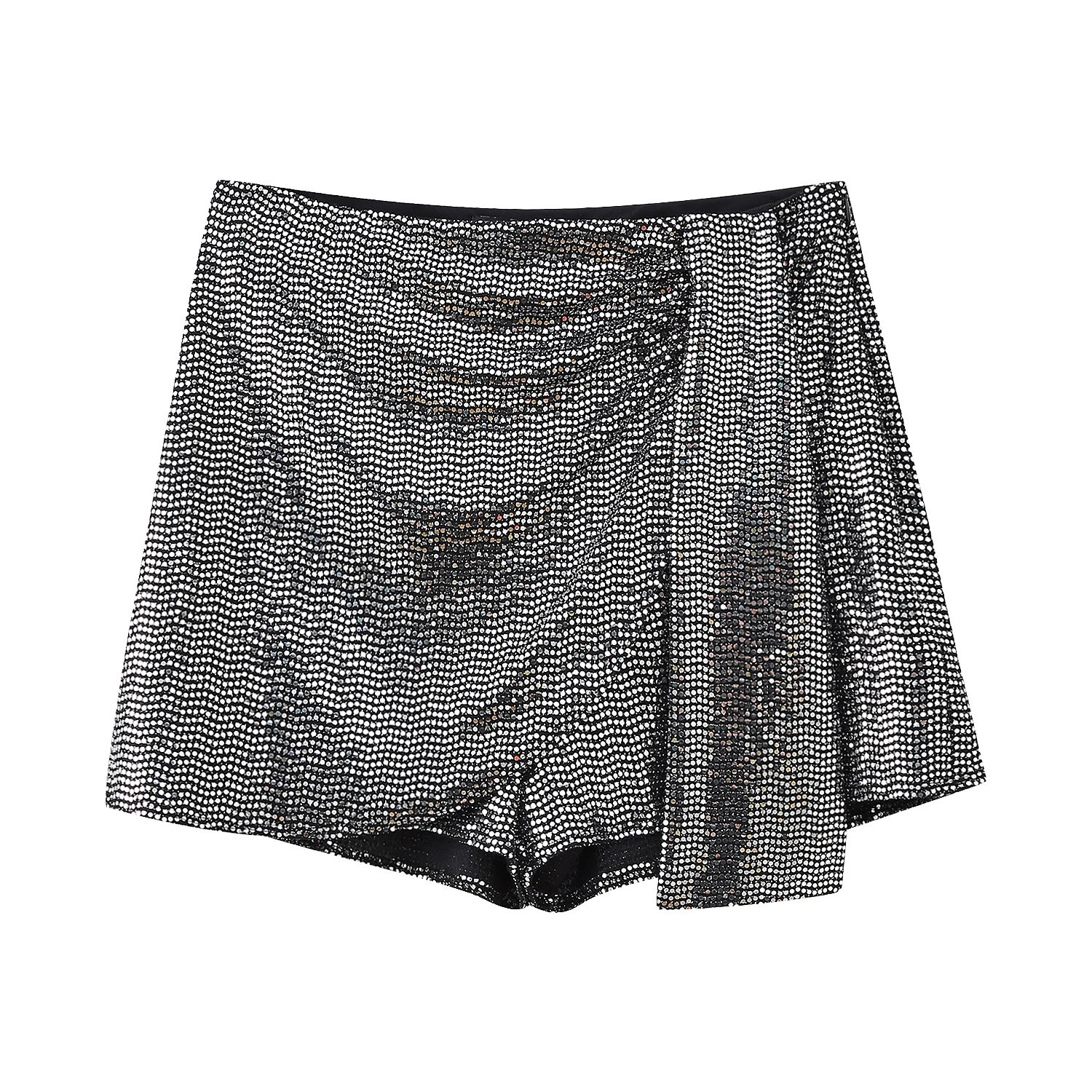 Sequin silver color side pleated zipper fly casual fashion summer shorts for women