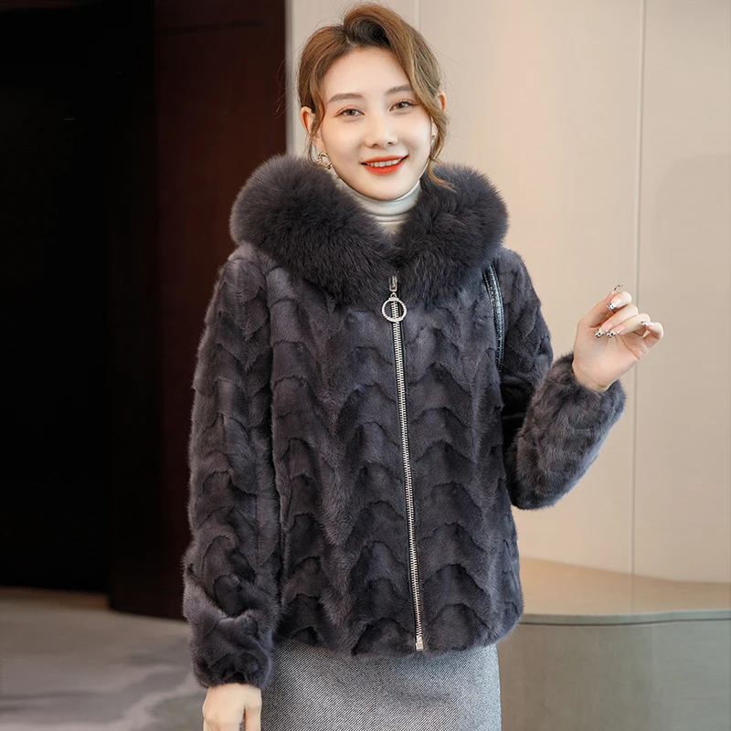 Lady Girl Luxury Fox Fur Warm Short Jacket Women Mink Fur Collar Winter Short Hooded Coat Overcoat Parka JT3235