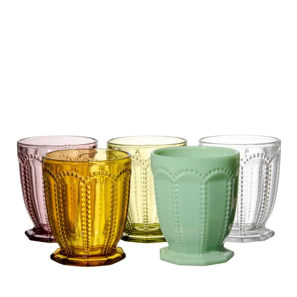 Bulk drinking  juice Popular Jade Retro Colorful Embossed glass cup