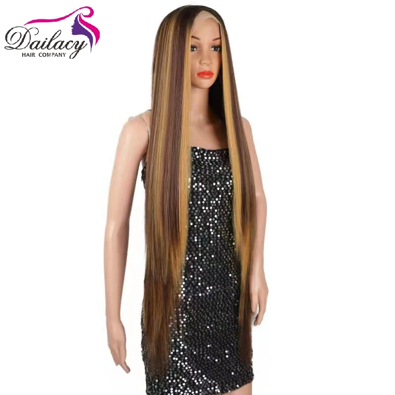 Highlight 32inch Super long straight hd lace frontal natural hair wig synthetic lace front wig for black