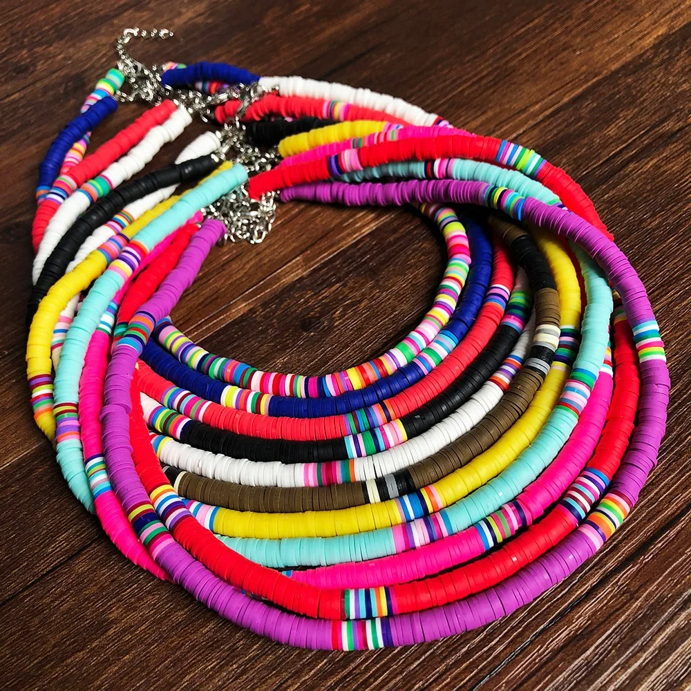 Boho 6mm wide Polymer Clay  Necklace Colorful African Vinyl Disc Beads Necklace Summer Beach  Necklaces for Women Girls