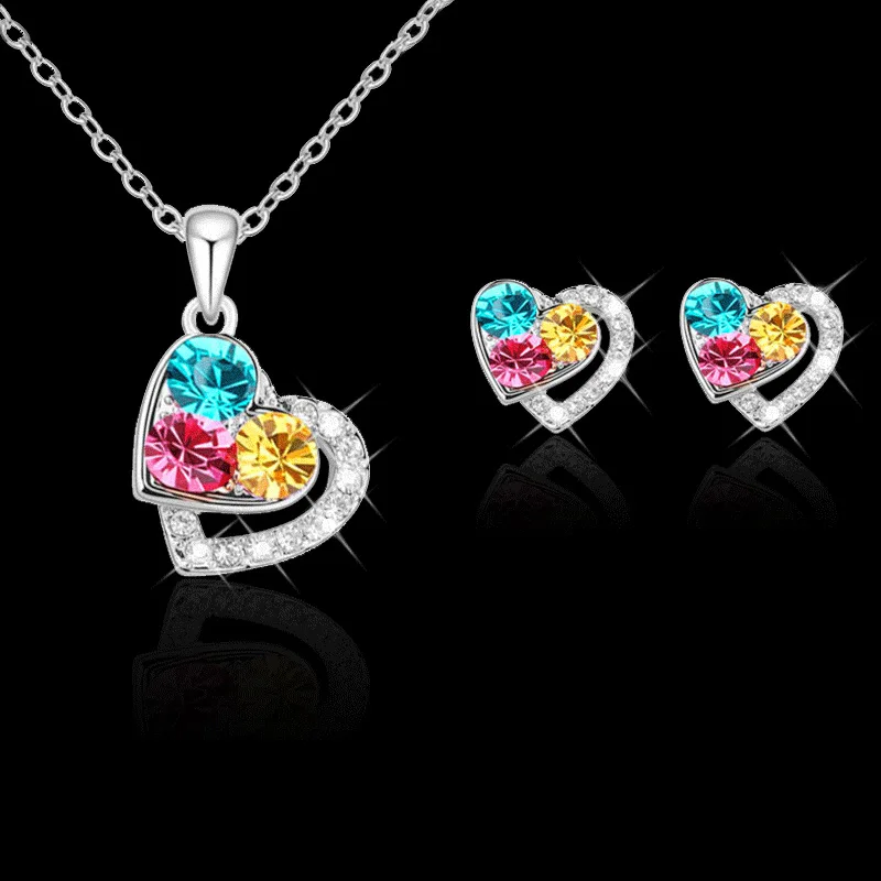 New Arrival Heart Crystal Necklace Bling Diamond Crystal Stud Earrings Necklace Sets for Women Jewelry