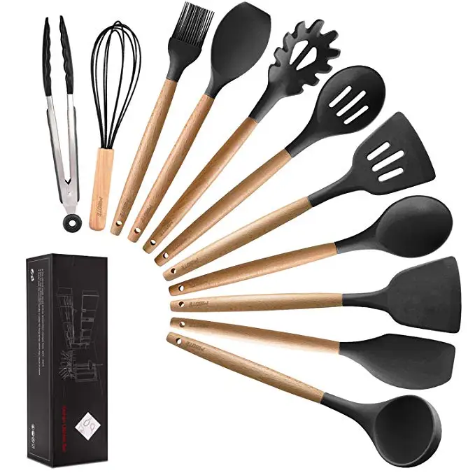 Food Grade Eco Friendly Silicone Kitchen Utensil Set With Wooden Handle Cooking Utensil Set