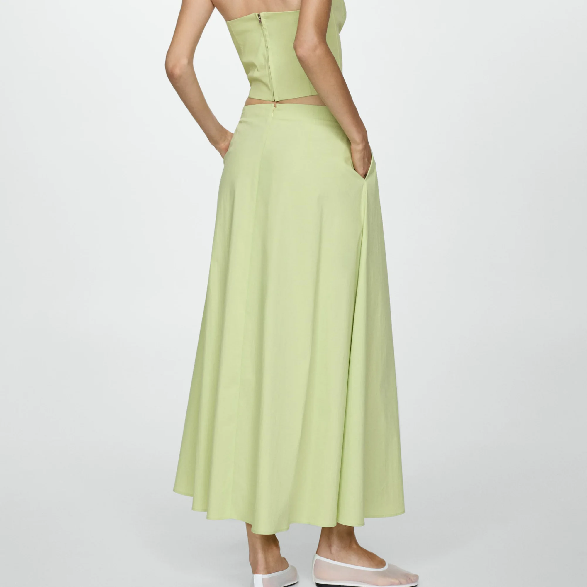 Custom Casual Green Pleated High Waist Long Flare Skirt For Women