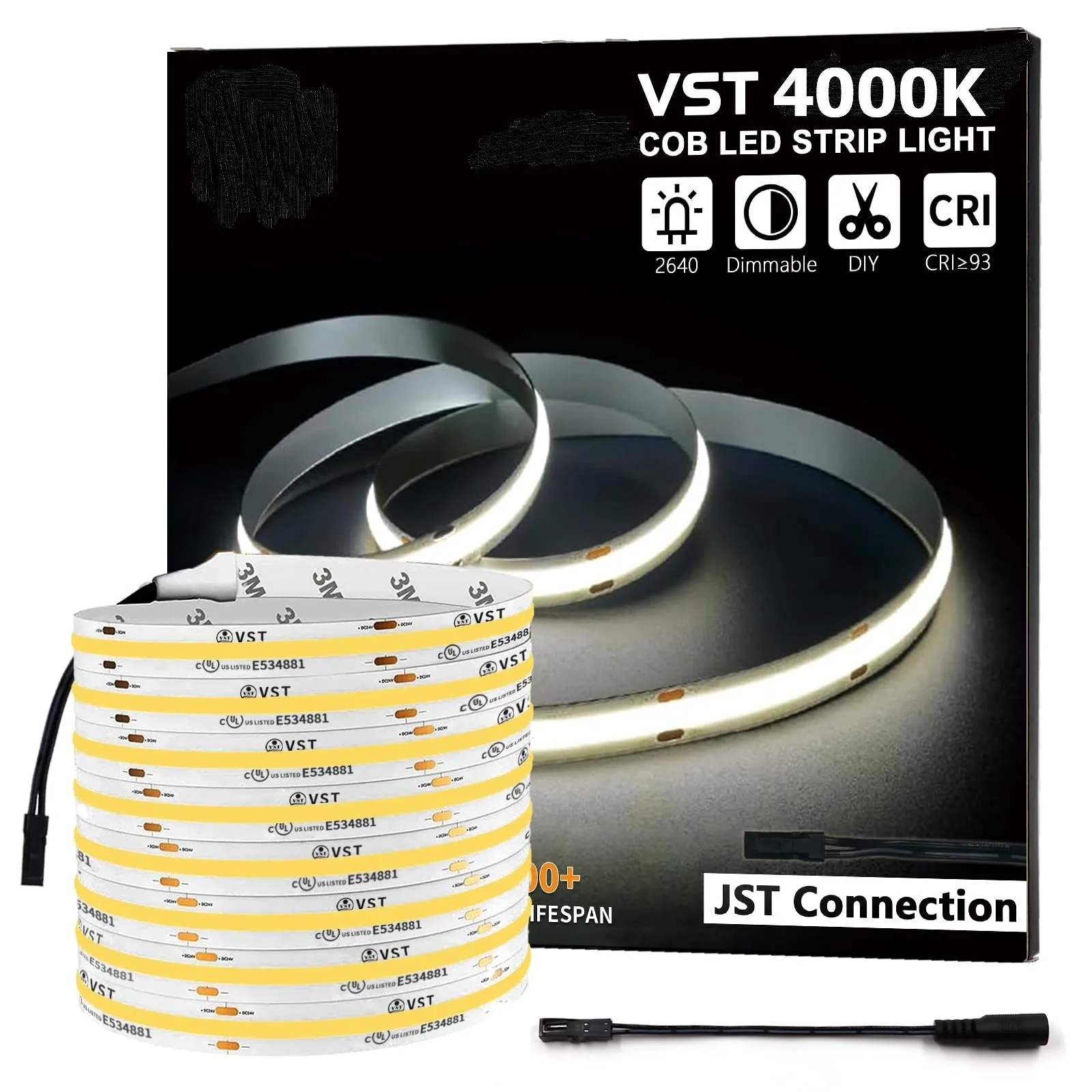 VST COB LED Strip Lights 4000K 24V Premium High Density FCOB Tape Light 16.4ft 48w 520 LEDs/m Ra 93+ COB LED Strip Lights