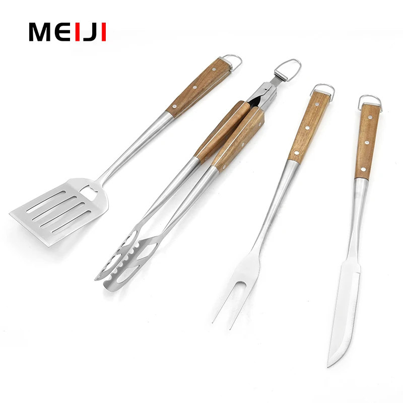 Deluxe 4pcs BBQ Set with Stainless Steel Function Part and Solid Wood Handle