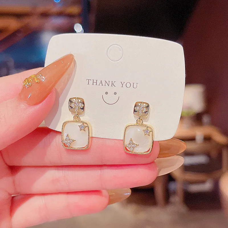 S925 Silver Needle Ear Ring Jewelry 14K Real Gold Copper Plated Micro Inlaid Opal Small Square Earrings