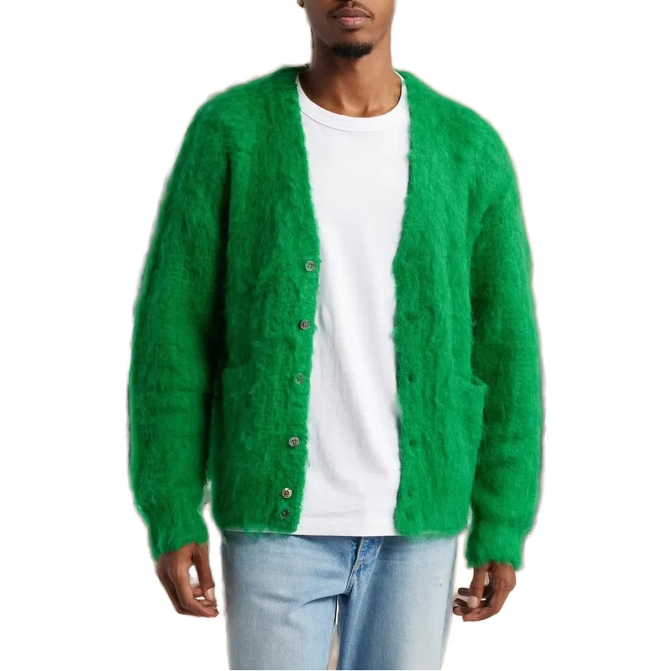 Custom LOGO Solid color mohair knit cardigan knit men sweater knitwear Long Sleeve Casual Warm High Quality Sweater Men