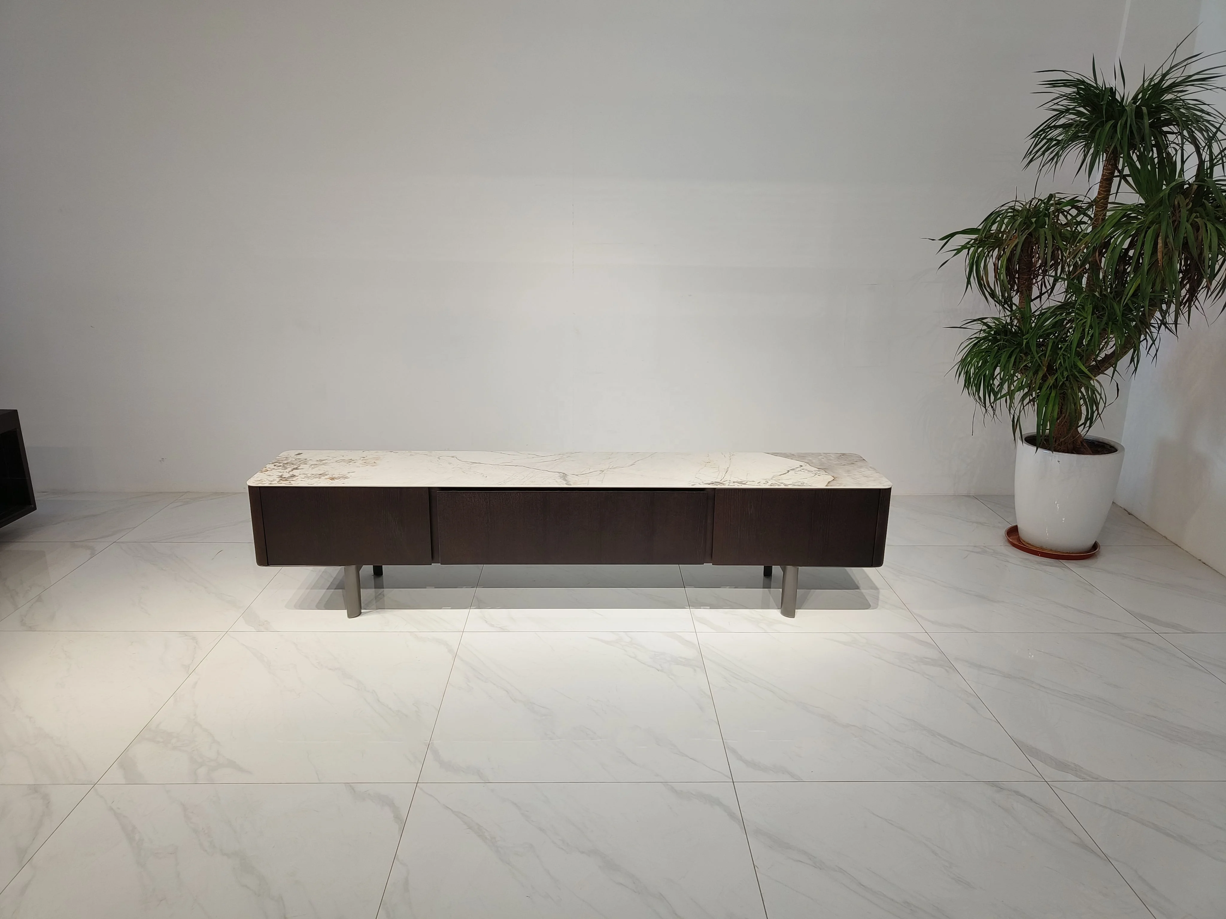 Italian Modern TV Cabinet Marble Top Console Center Table Solid Wood Black  Living Room TV Stand with Drawer