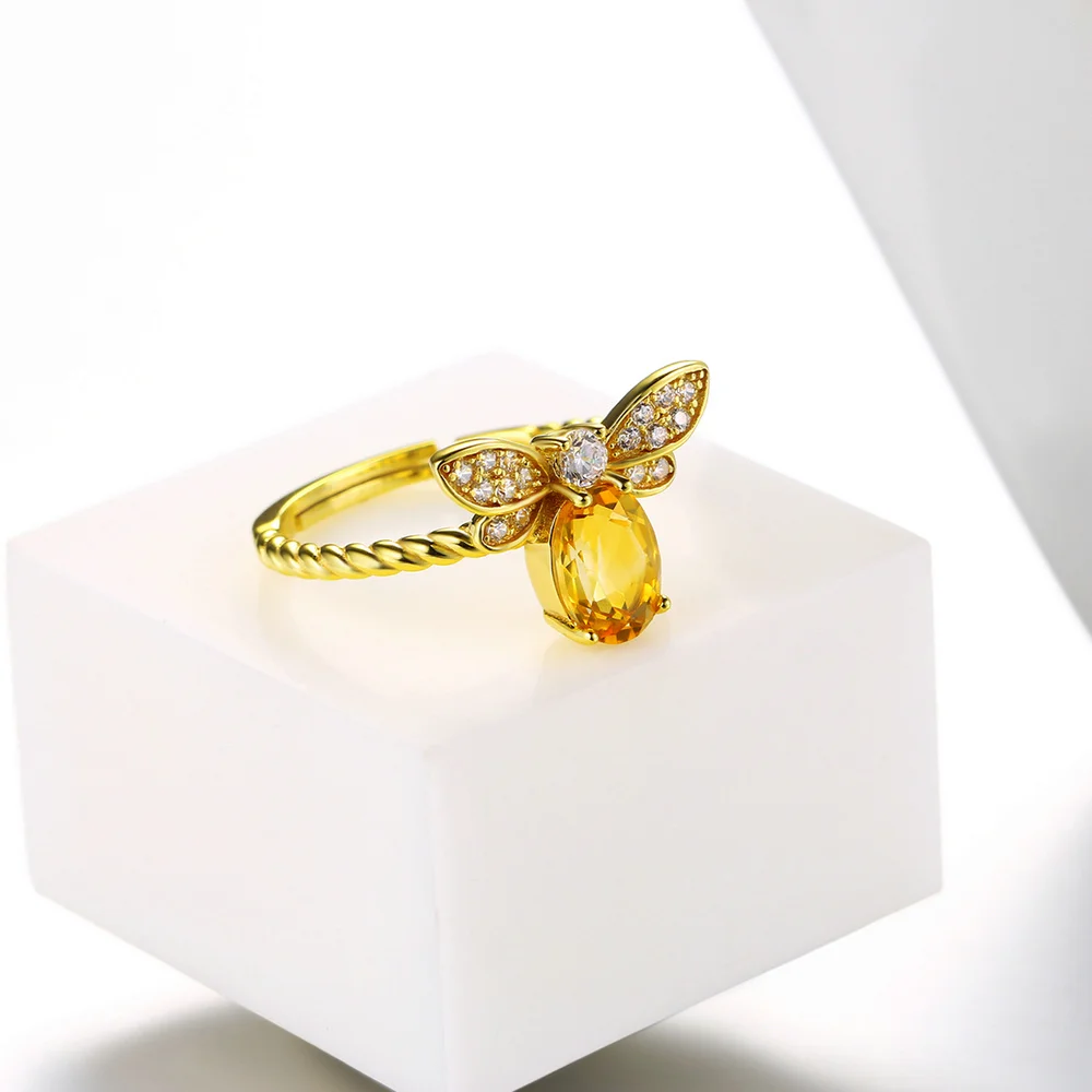 
Adjustable 14k Gold Plated 925 Sterling Silver Jewelry Bee Shape Citrine Ring For Women RI019 