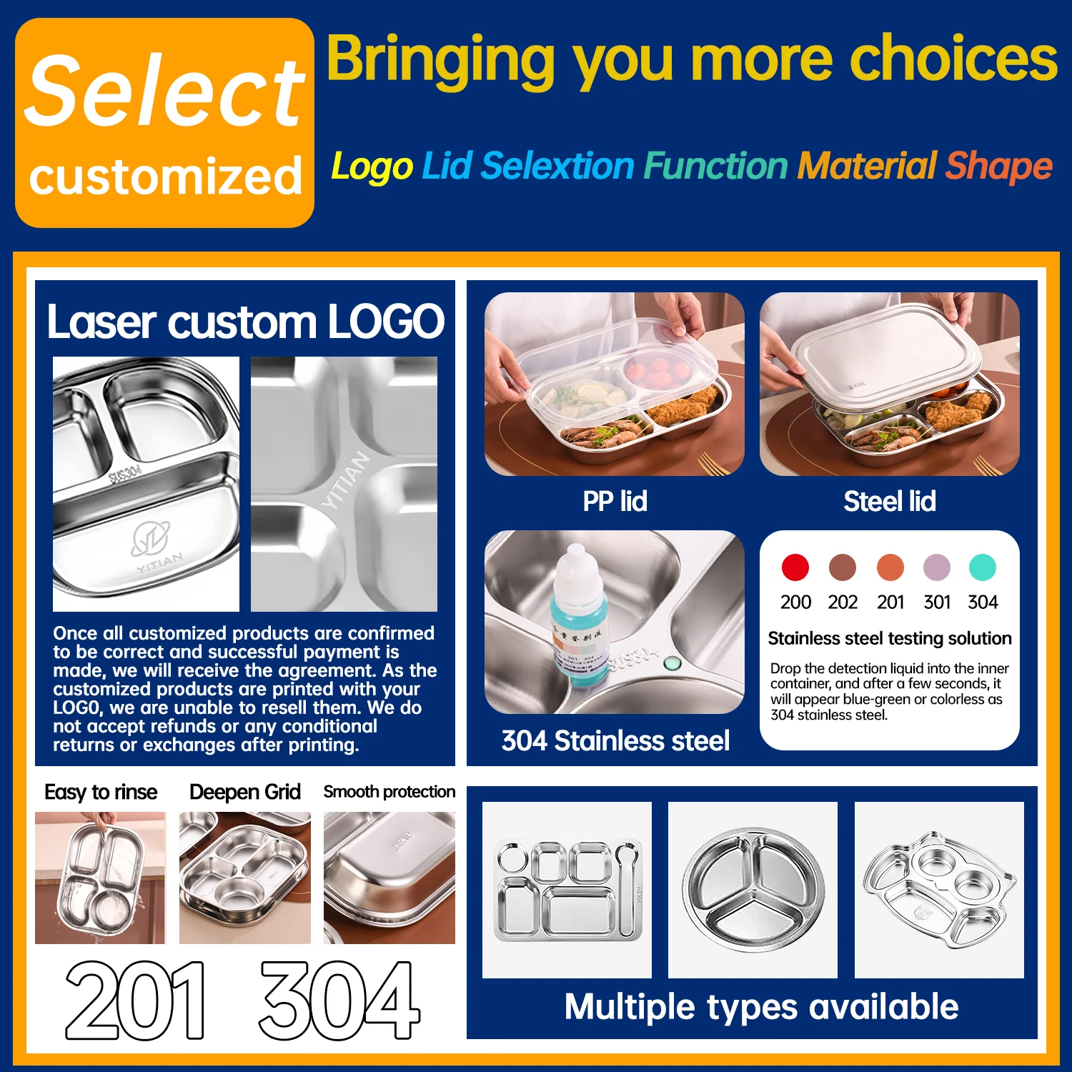 Школьный Ланч-бокс YITIAN 304 из нержавеющей стали поднос для закусок с 5 отделениями и крышкой