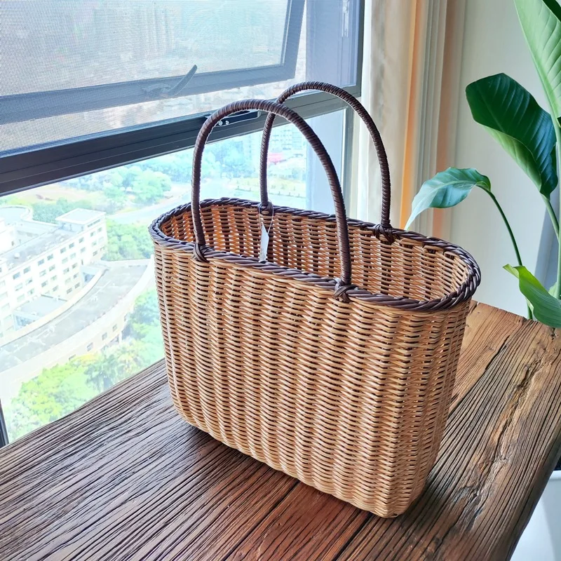 Portable Rattan Hand-woven Colored Shopping Basket Flower Desktop Storage Basket
