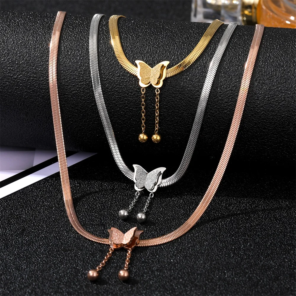 KISSWIFE Trendy Minimalist Tarnish Free 18k Gold Stainless Steel Snake Chain Butterfly Necklace for Women