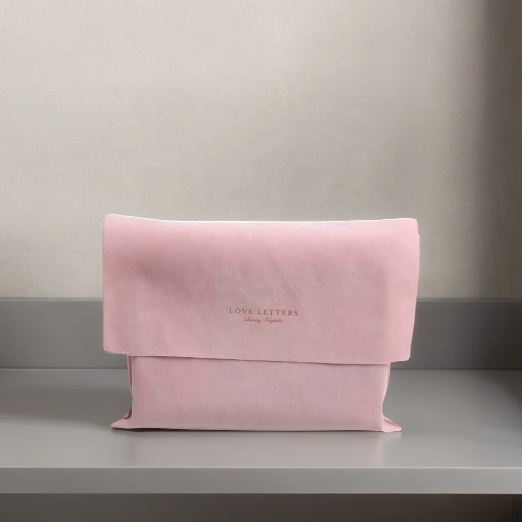 High End Pink Faux Suede Envelope Clothes Shoe Dust Packaging Pouch With Flap Custom Logo Printed Velvet Dust Bag