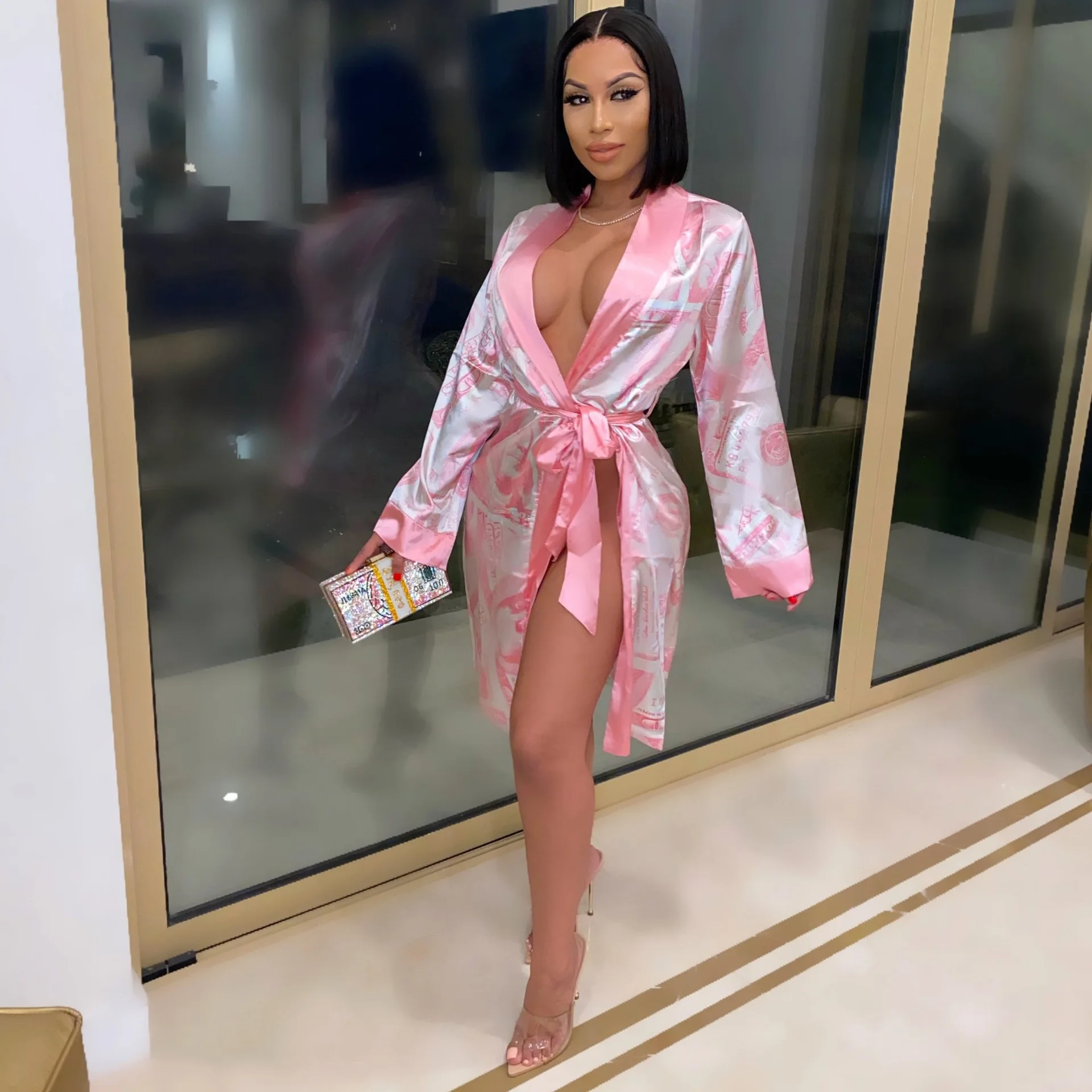 pajamas women set 2022 Long Sleeve Dollars Money Print plus size Satin Silk Robes Kimono Bridesmaid Bride Party Robes Sleepwear