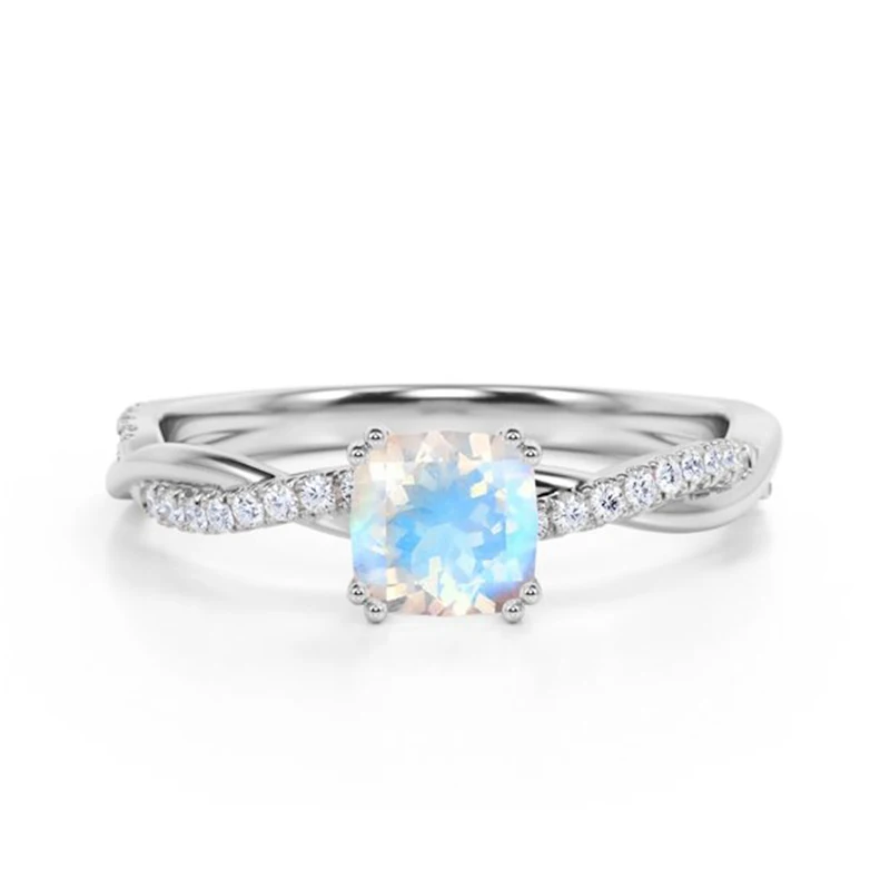Pretty Round Factory Gift Silver Ring Blue Natural Moonstone Gemstone Ring 925 Sterling Silver Jewelry