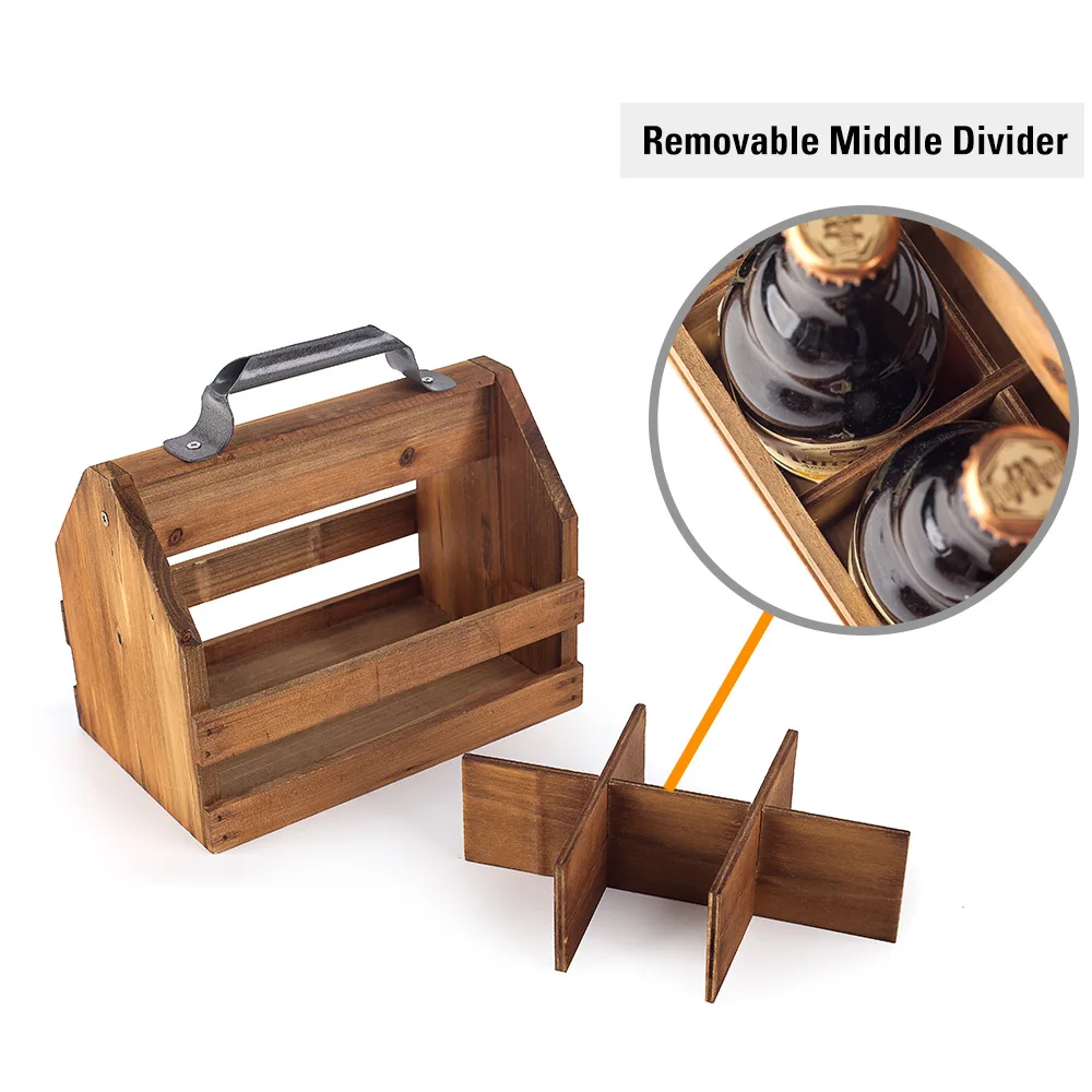 Wooden 6-Bottle Beer Bottle Portable Storage Basket with Detachable Interior and Equipped with a Metal Bottle Opener