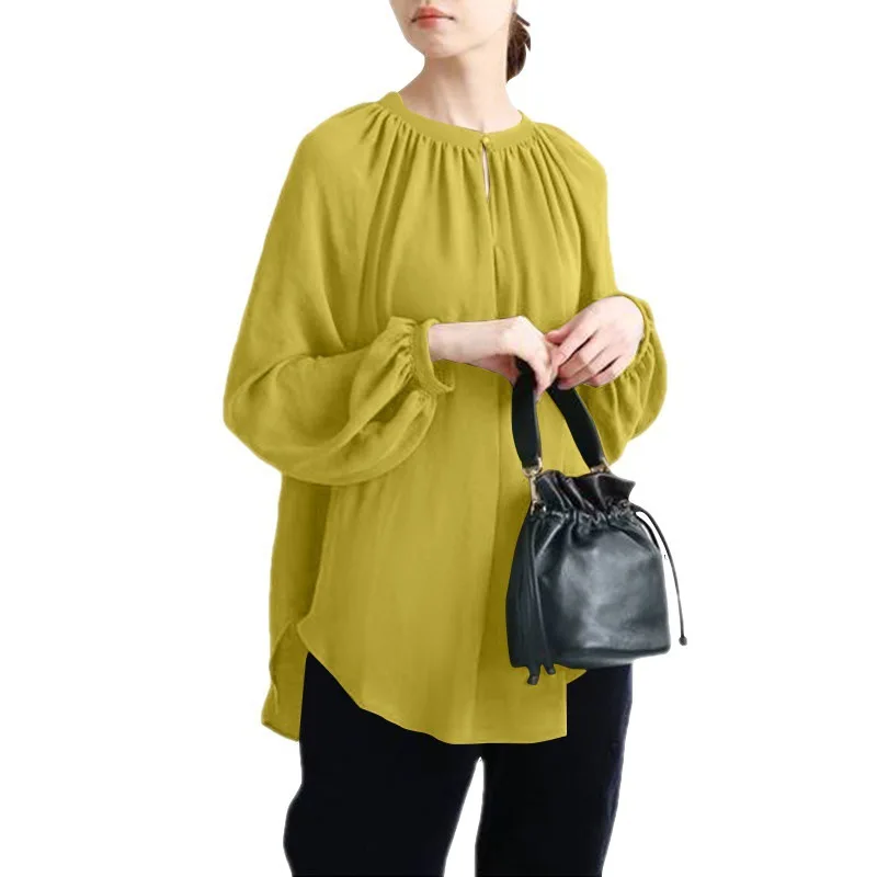 Religious Ethnic Crew Neck Shirts Maxi Modest Blouses Women Simple Green Long Sleeve Tunic Tops Ladies Muslim Shirts