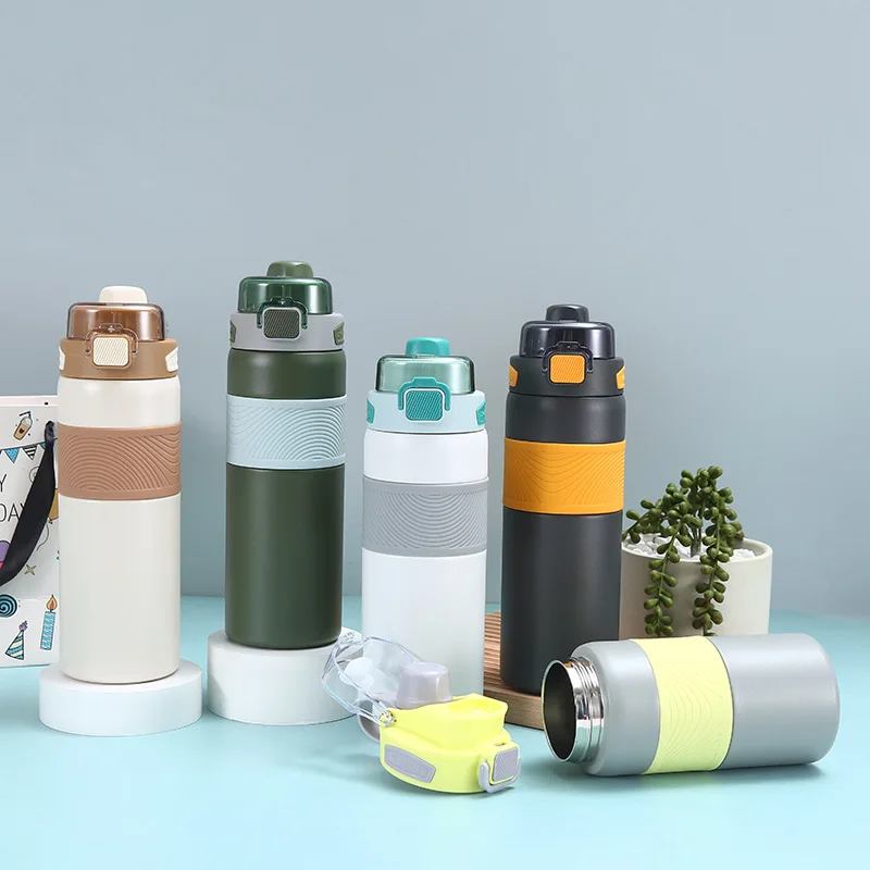 600/800ml New 316 Stainless Steel Thermos with Straw Custom logo Simple Portable Bullet Vacuum Cup Insulated Leather